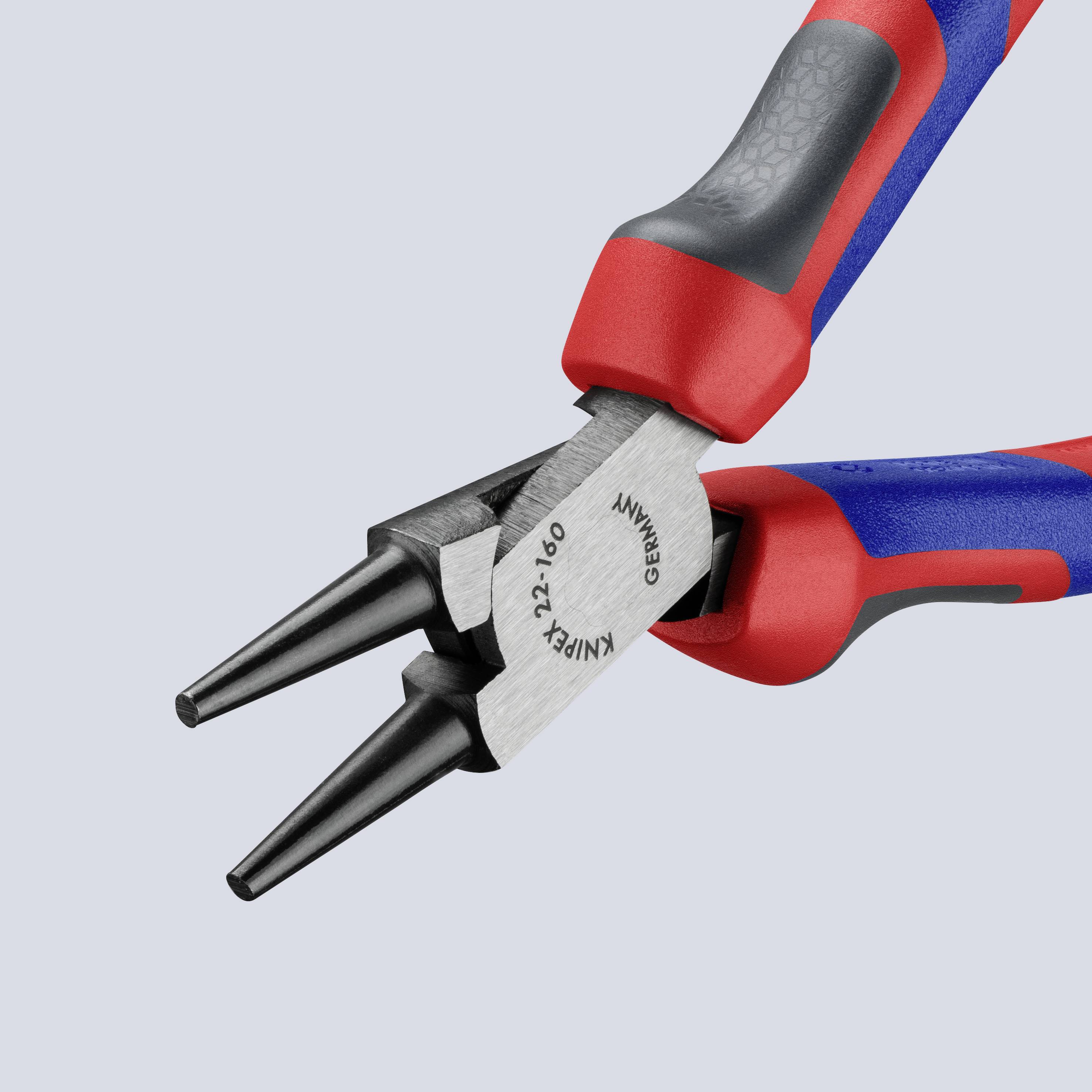 Zange mit roten und blauen Griffen von KNIPEX, speziell für Greif- und Biegearbeiten mit spitzen Backen.