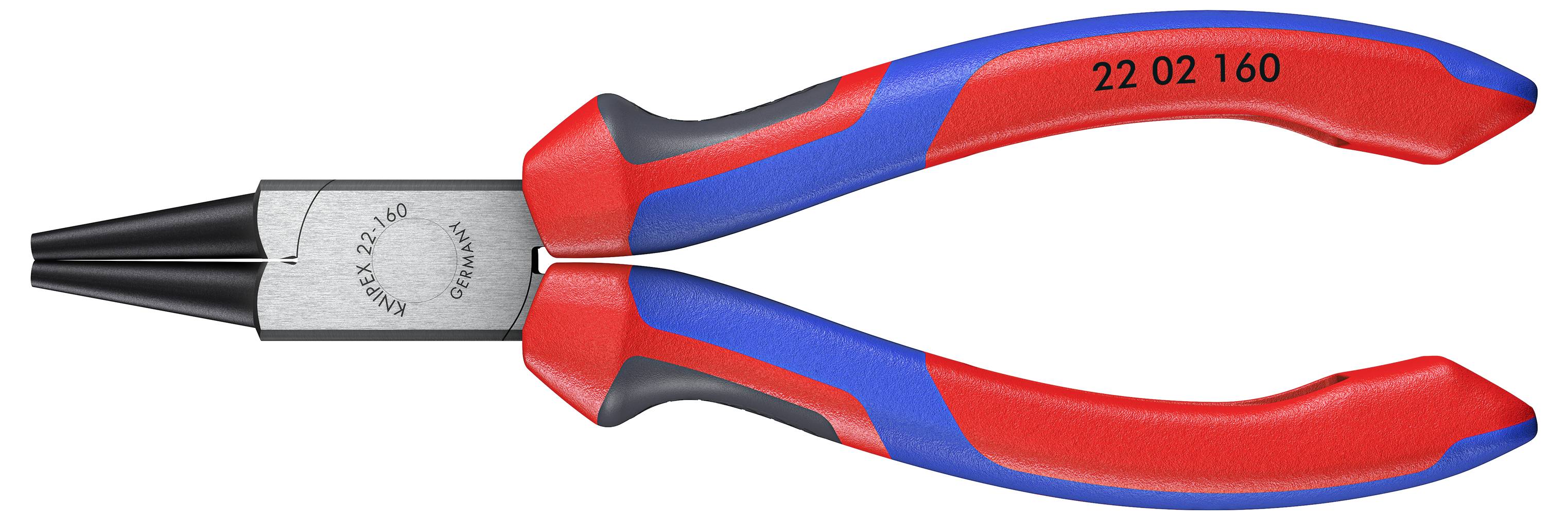 Zange mit isolierten rot-blauen Griffen und spitz zulaufenden Backen, geeignet zum Greifen kleiner Objekte. Modell: 22 02 160.