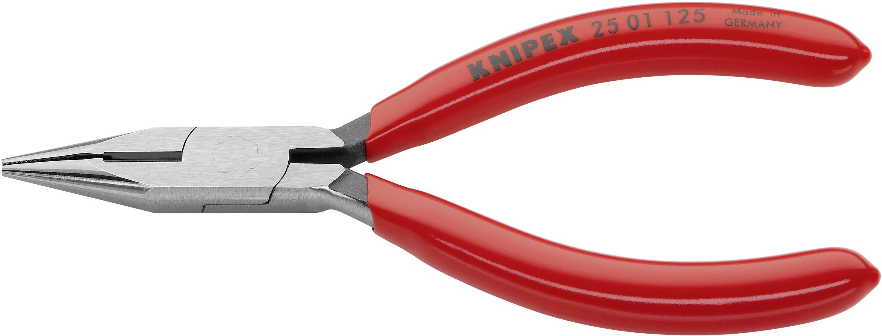 Zange mit rotem Griff, geeignet für Präzisionsarbeiten. Verpackungstext: 'KNIPEX 25 01 125' und 'Made in Germany'.
