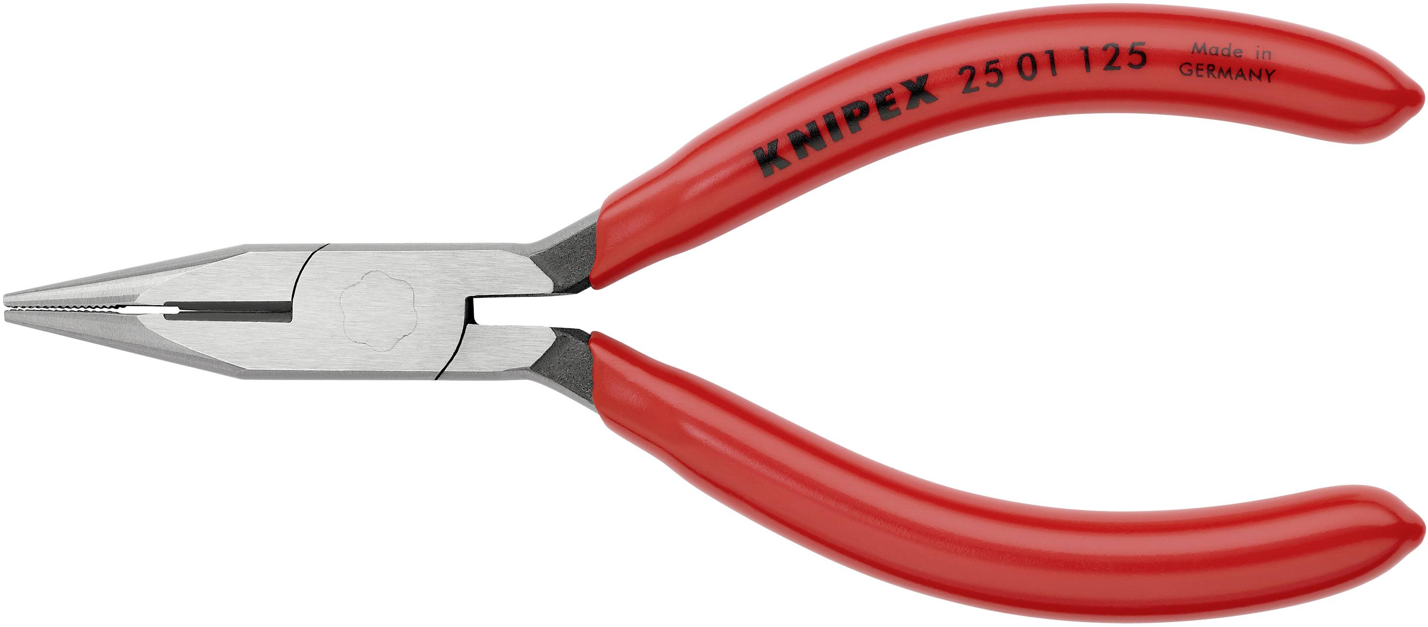 Rote Elektronikzange mit langem, schlankem Kopf, geeignet für präzise Arbeiten. Aufschrift 'KNIPEX 25 01 125 Made in Germany'.