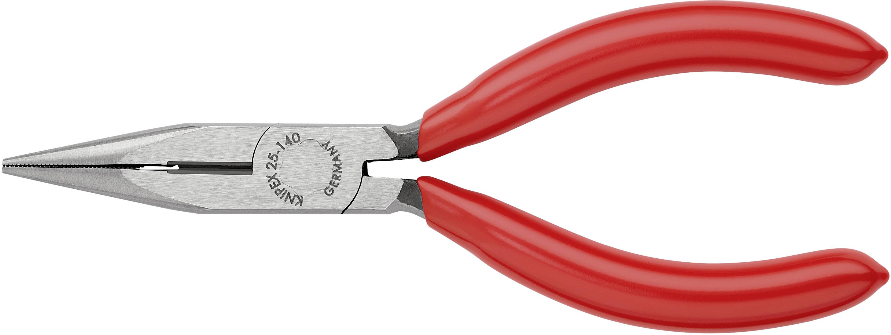 Eine rote Spitzzange mit Aufschrift '2.5 - 40'. Verwendet in Handwerk oder Elektronik für präzises Greifen und Schneiden.