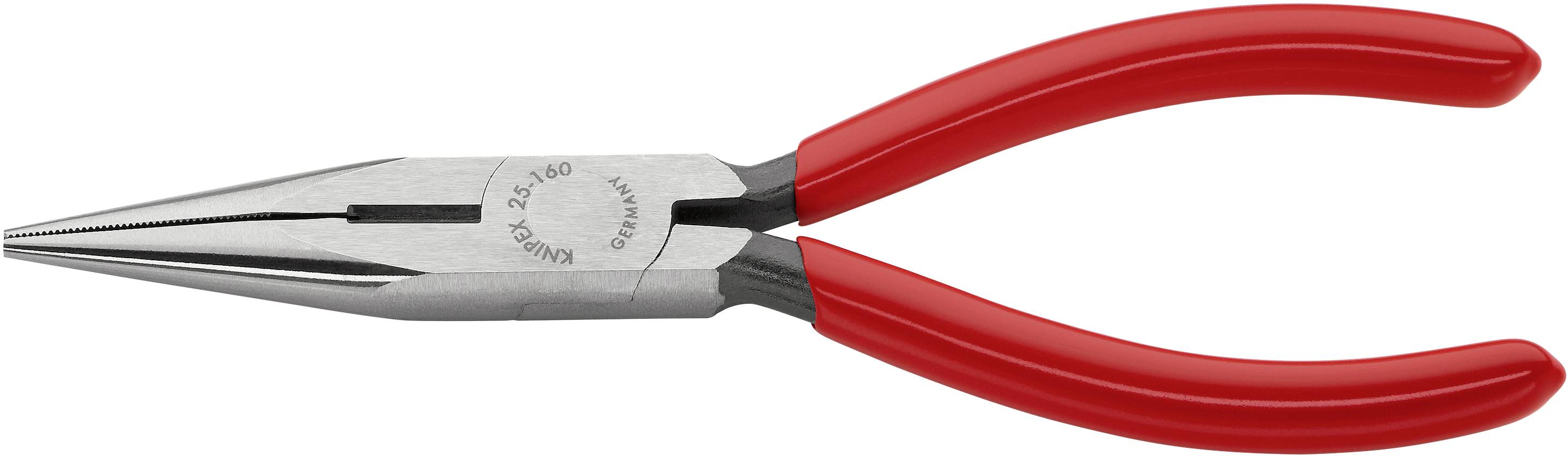 Rote Spitzzange aus Metall mit Gummigriffen, hauptsächlich für Greif- und Schneidarbeiten in handwerklichen Anwendungen verwendet.