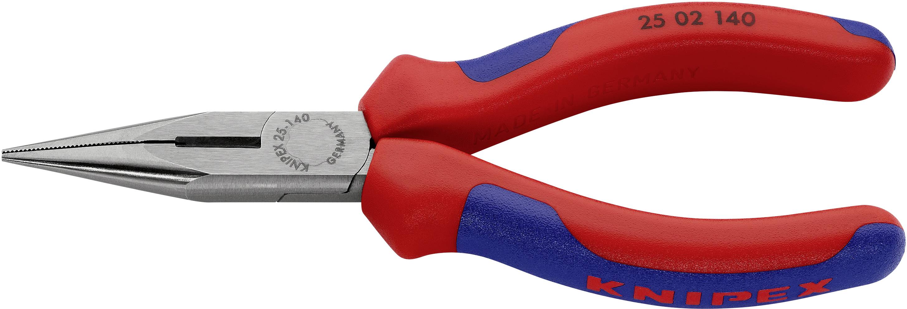 Rote und blaue Spitzzange der Marke Knipex, geeignet zum Greifen und Schneiden in handwerklichen Anwendungen.