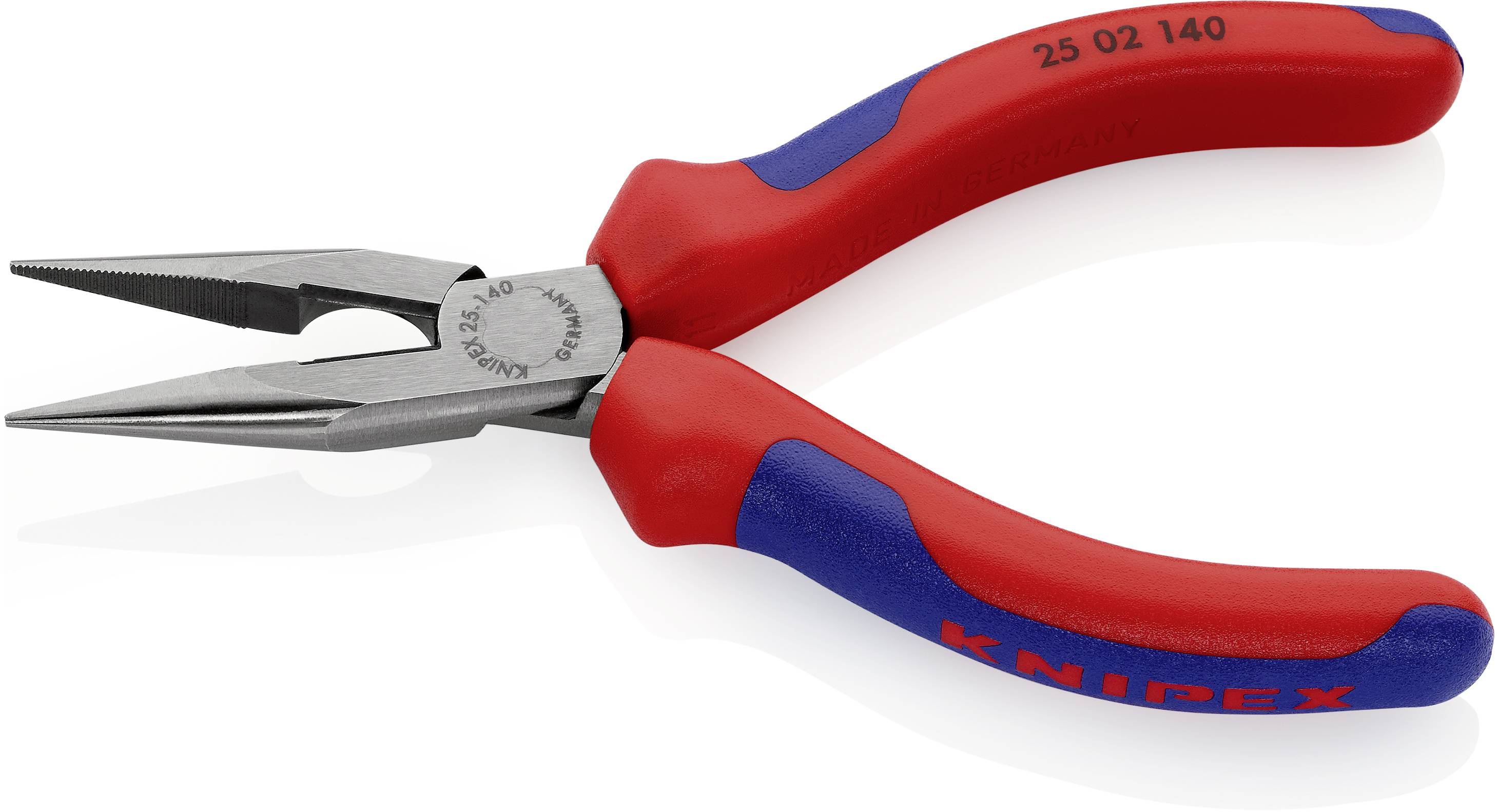 Rote und blaue Zange von Knipex mit schmalen, spitzen Greifbacken, geeignet für präzise Arbeiten in Elektronik oder Feinmechanik.