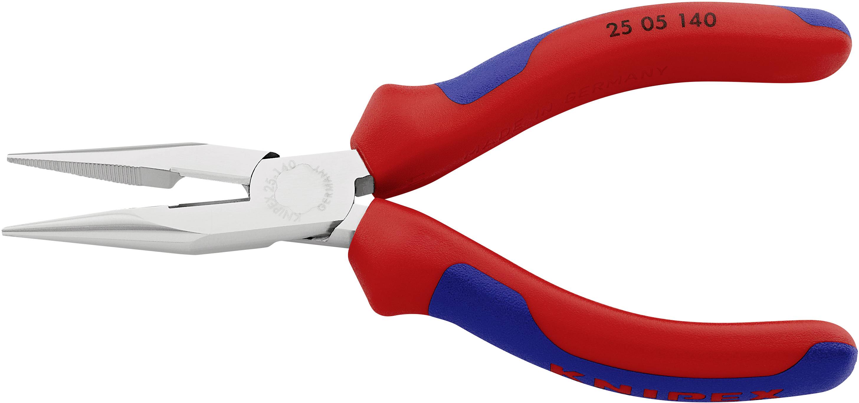 Die Bild zeigt eine lange rote Zange mit blauen Griffen, geeignet für präzises Greifen und Schneiden.