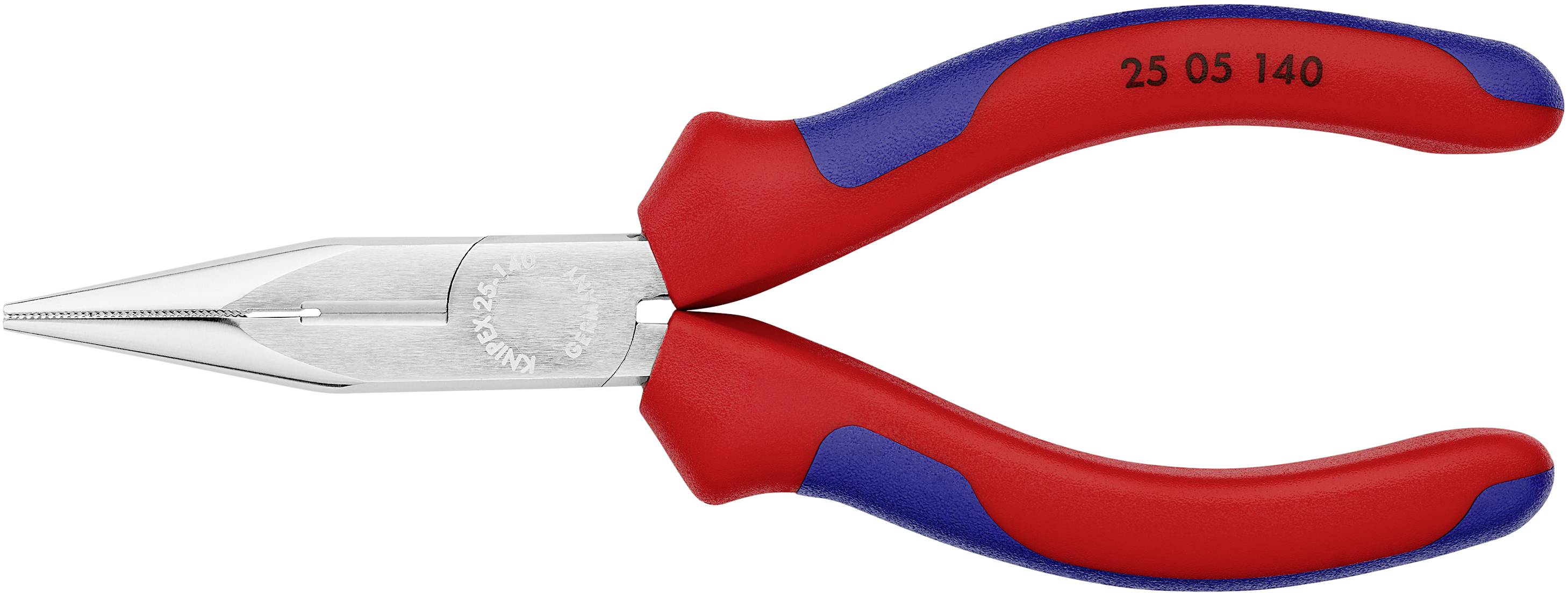 Lange Spitzzange mit rotem und blauem Griff, 25 05 140, geeignet für präzises Greifen und Schneiden von Drähten.