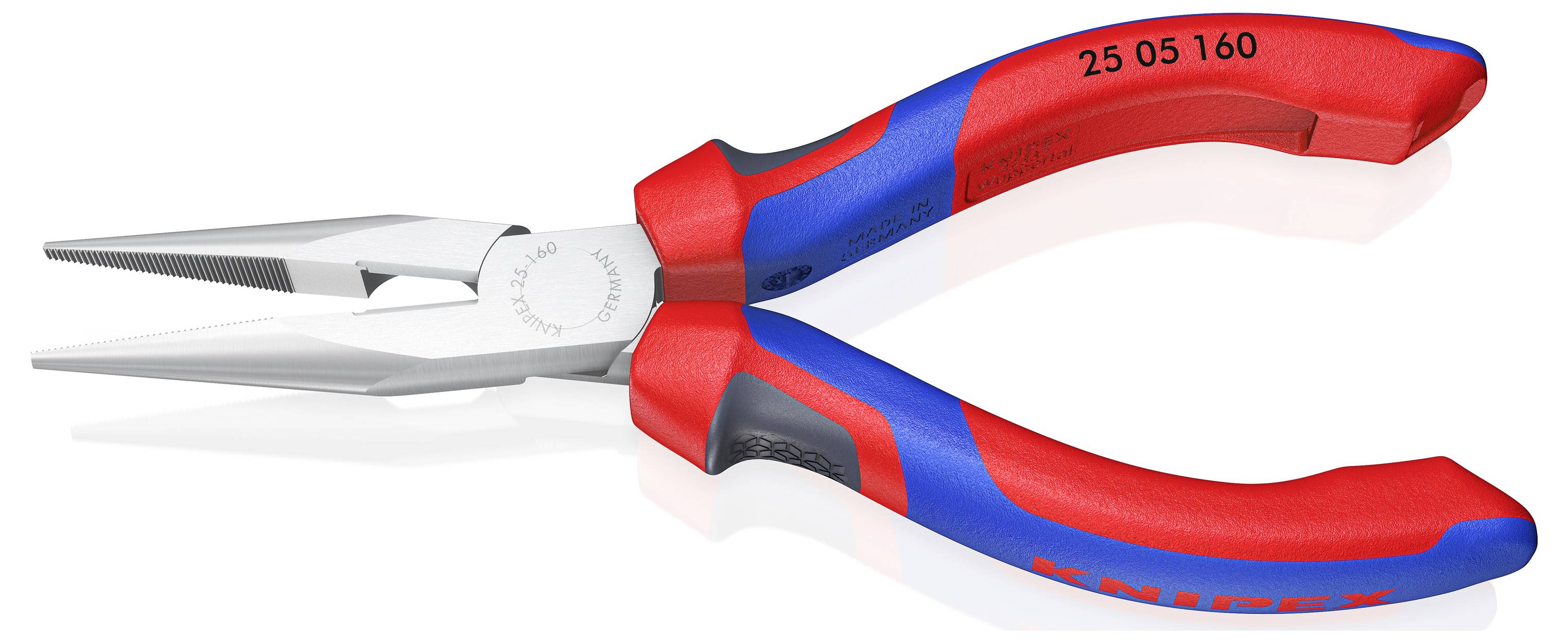 Spitzzange mit rot-blauem Griff liegt auf weißem Hintergrund, zeigt scharfe, gezahnte Greifer und ergonomisches Design.