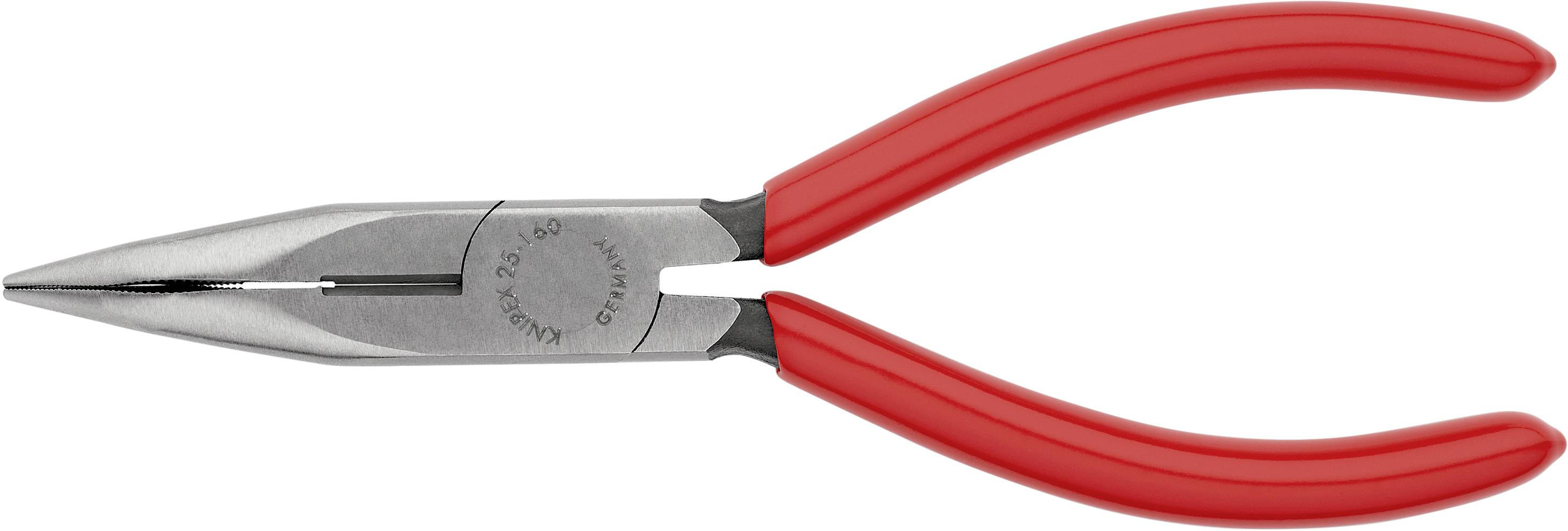 Eine rote Spitzzange mit Metallbacken, geeignet für präzise Arbeiten in Elektronik und Handwerk.