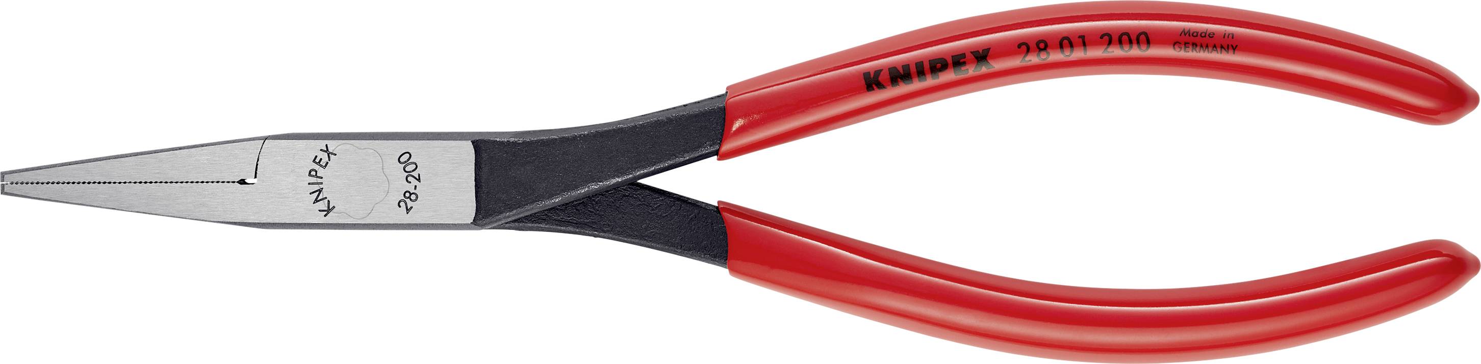 Rote Flachrundzange mit schwarzem Greifteil und der Aufschrift 'Knipex 26 21 200'/ '70 200'. Geeignet für präzises Greifen und Schneiden.