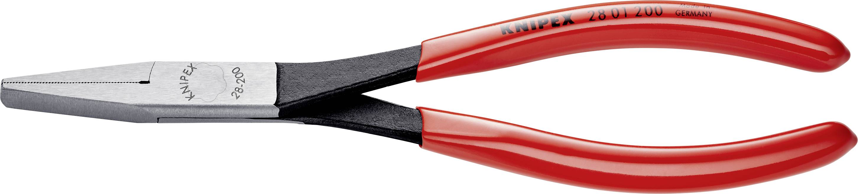 Eine rote, flache Spitzzange mit isolierten Griffen, geeignet für Elektroarbeiten.