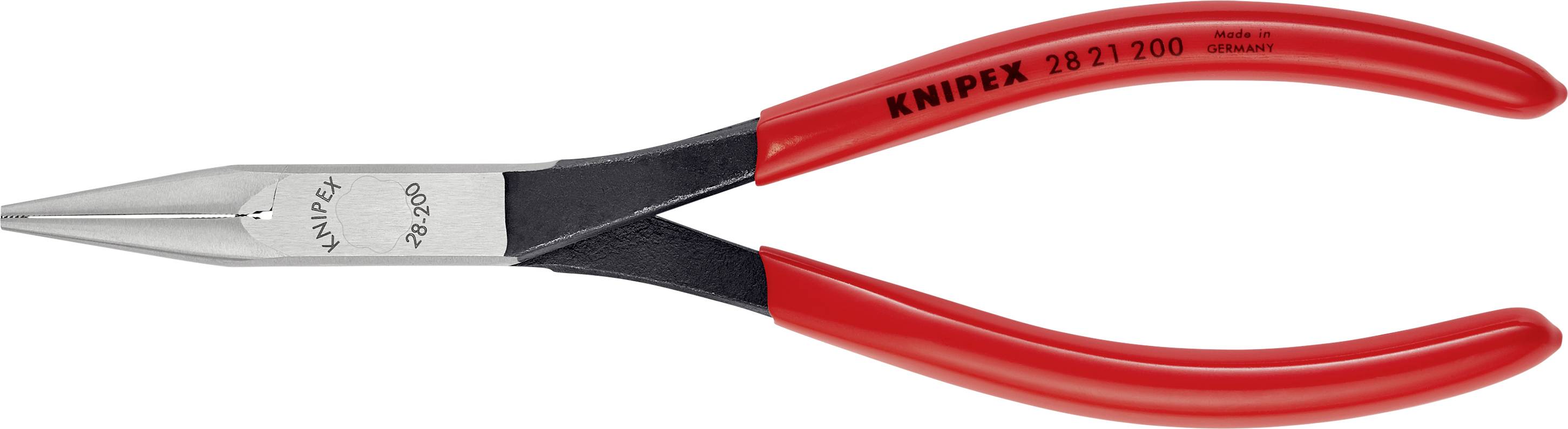 Eine rote Spitzzange mit der Aufschrift 'Knipex 28 21 200' auf dem Griff. Entworfen für präzise Greif- und Schneidearbeiten.