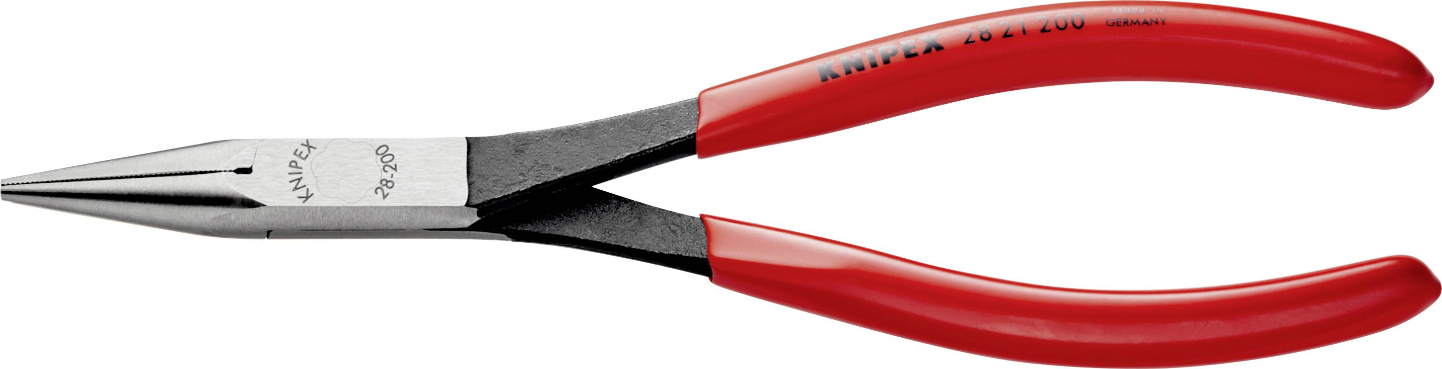 Rote Flachzange mit langem Griff aus Metall und Kunststoff, geeignet für präzise Arbeiten in Handwerk oder Elektronik.