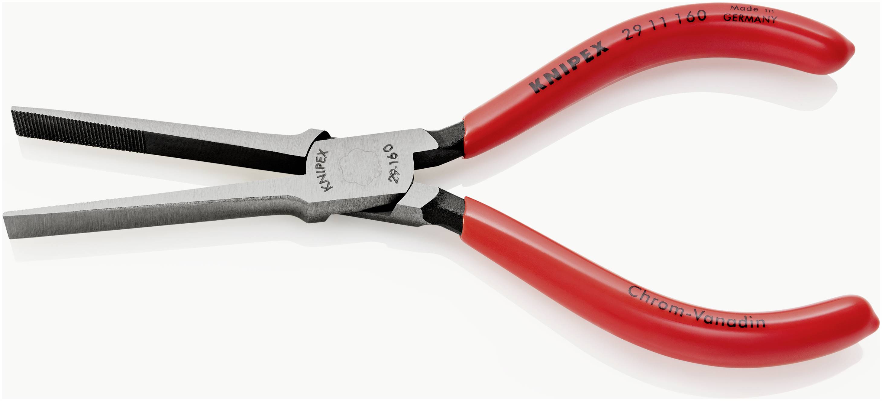 Rote Spitzzange mit geriffelten Backen und ergonomischen Griffen, geeignet für feinmechanische Arbeiten und Elektronikmontage.