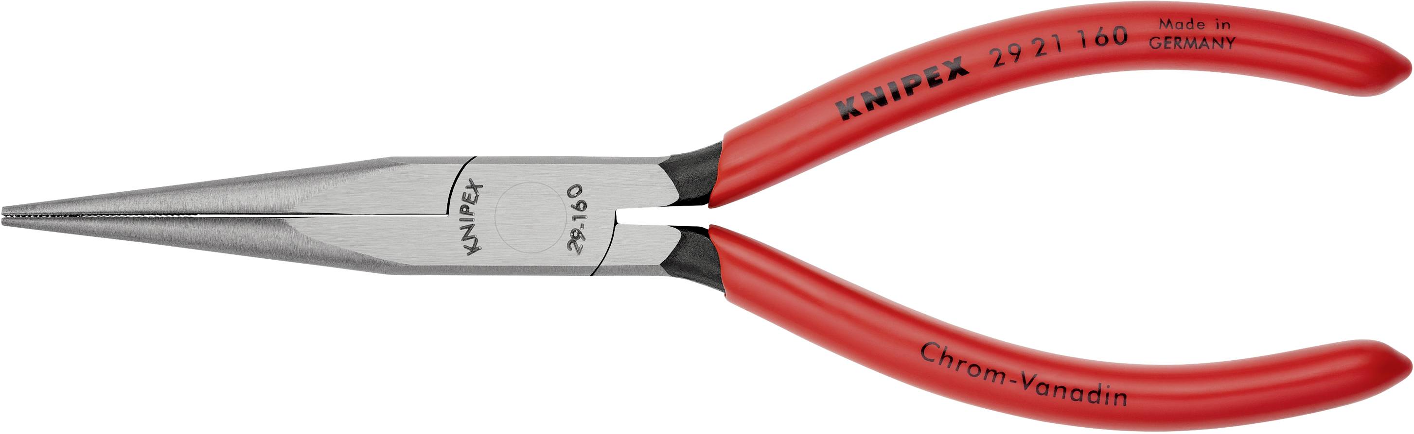 Rote Knipex-Zangenspitze mit langer, gerader Greiffläche, geeignet für präzise Arbeiten oder in schwer zugänglichen Bereichen.