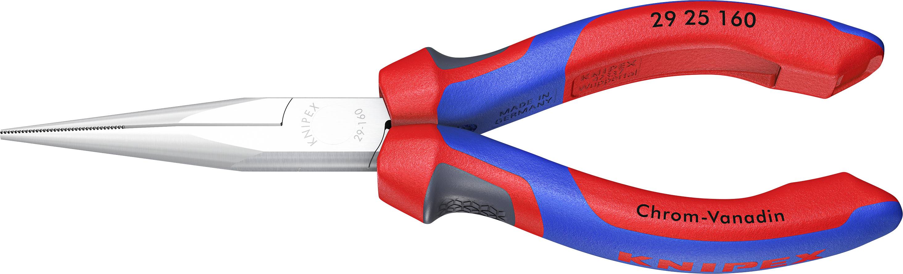 Eine rote und blaue Knipex-Spitzzange aus Chrom-Vanadium mit der Aufschrift '29 25 160'. Geeignet für präzises Greifen und Schneiden.