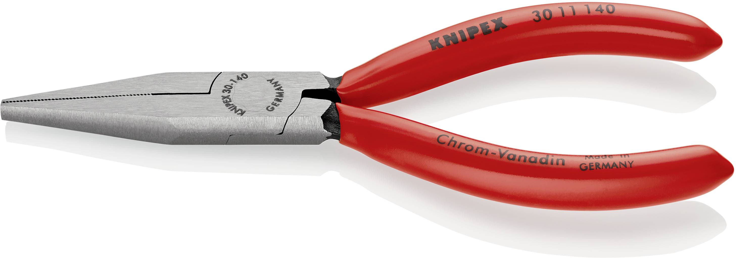 Eine spitze Zange mit roten Griffen aus Chrom-Vanadium-Stahl, hergestellt in Deutschland. Geeignet für präzise Arbeiten.
