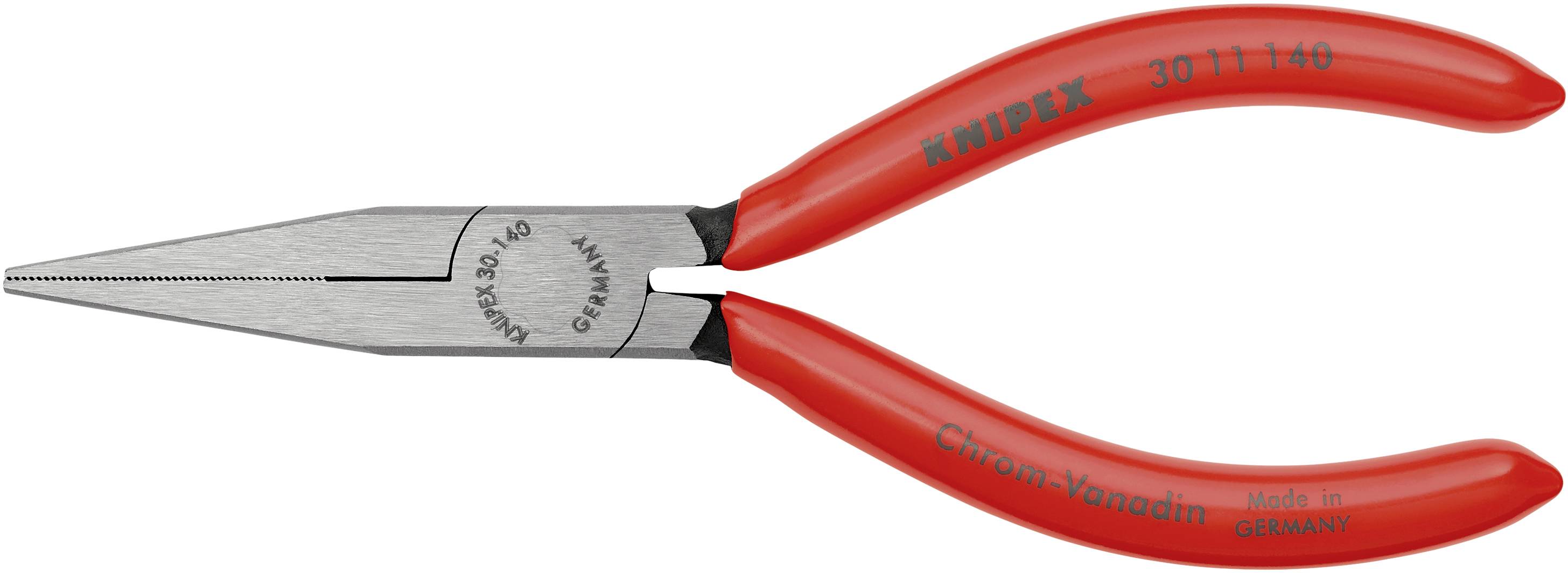 Rote Flachzange mit längerem, schlankem Metallkopf und geripptem Griff. Markierung 'KNIPEX' und 'Made in Germany'. Geeignet für präzise Arbeiten.