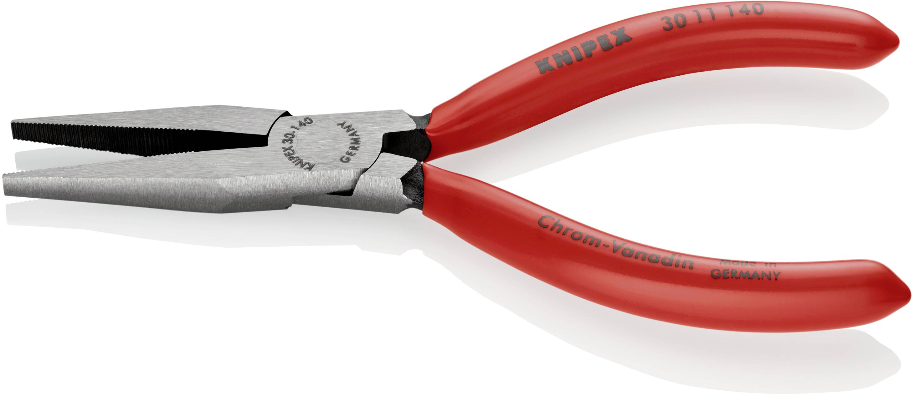 Eine rote Flachrundzange mit der Aufschrift 'Knipex' auf den Griffen, geeignet für feinmechanische Arbeiten.