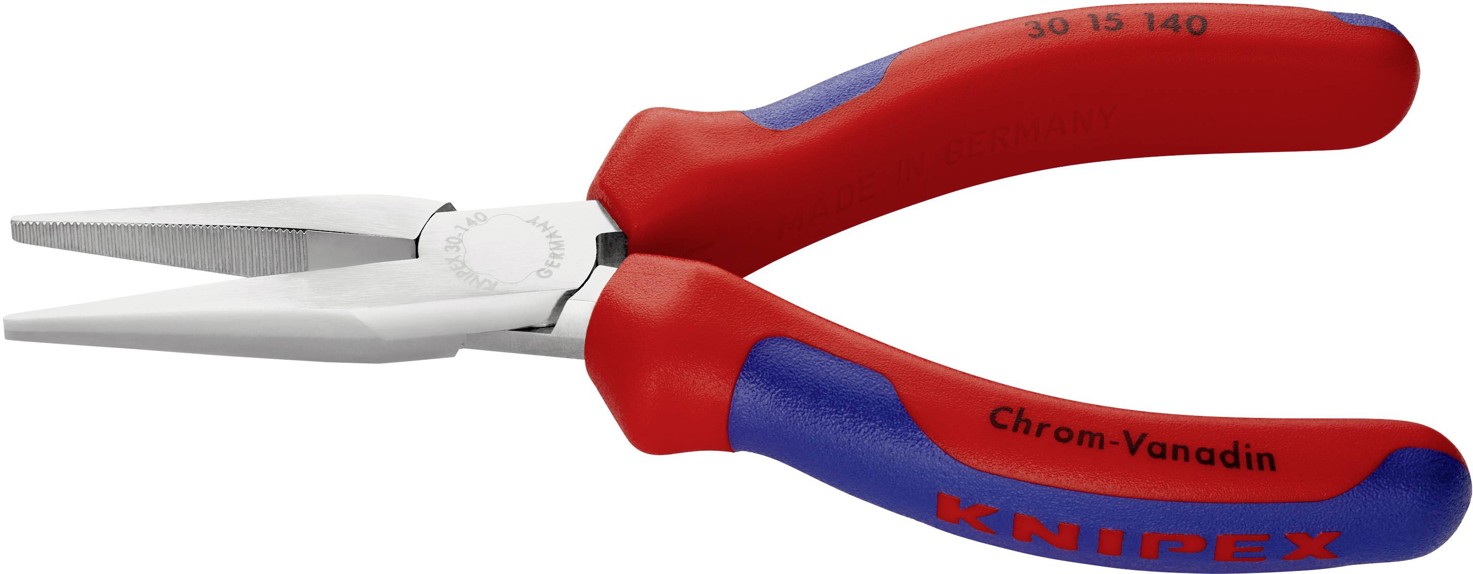 Rote und blaue Spitzzange aus Chrom-Vanadium-Stahl, geeignet für präzise Arbeiten.
