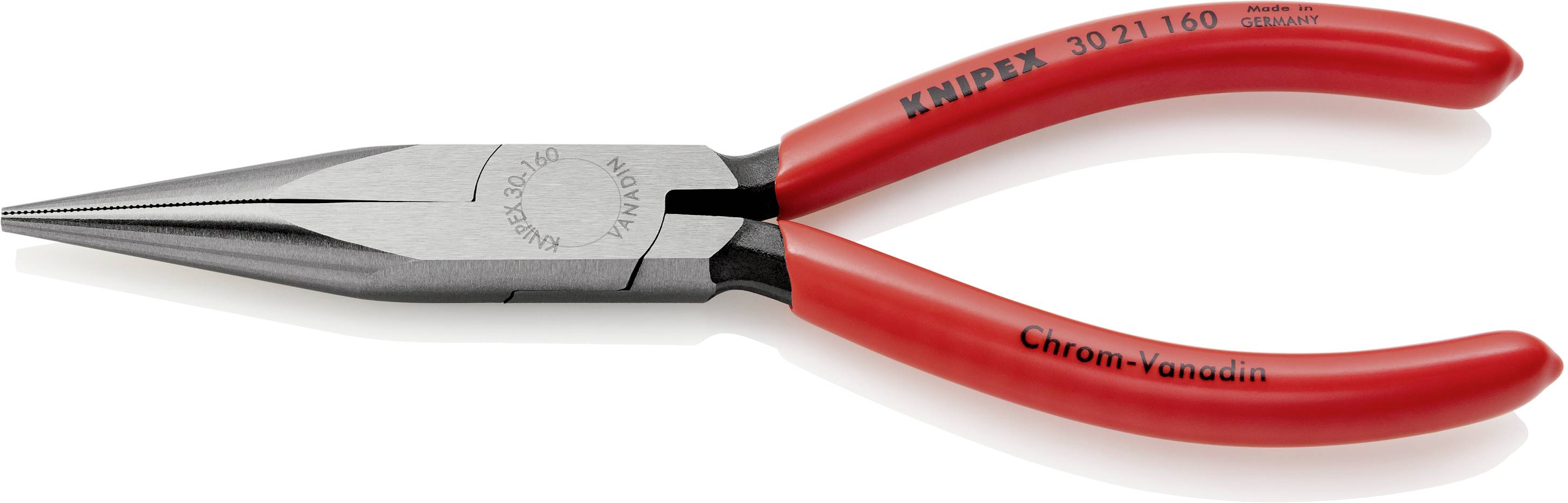 Spitzzange mit roten Griffen, geeignet für präzise Arbeiten. Marke: Knipex, Modellnummer: 3021160, Material: Chrom-Vanadium-Stahl.