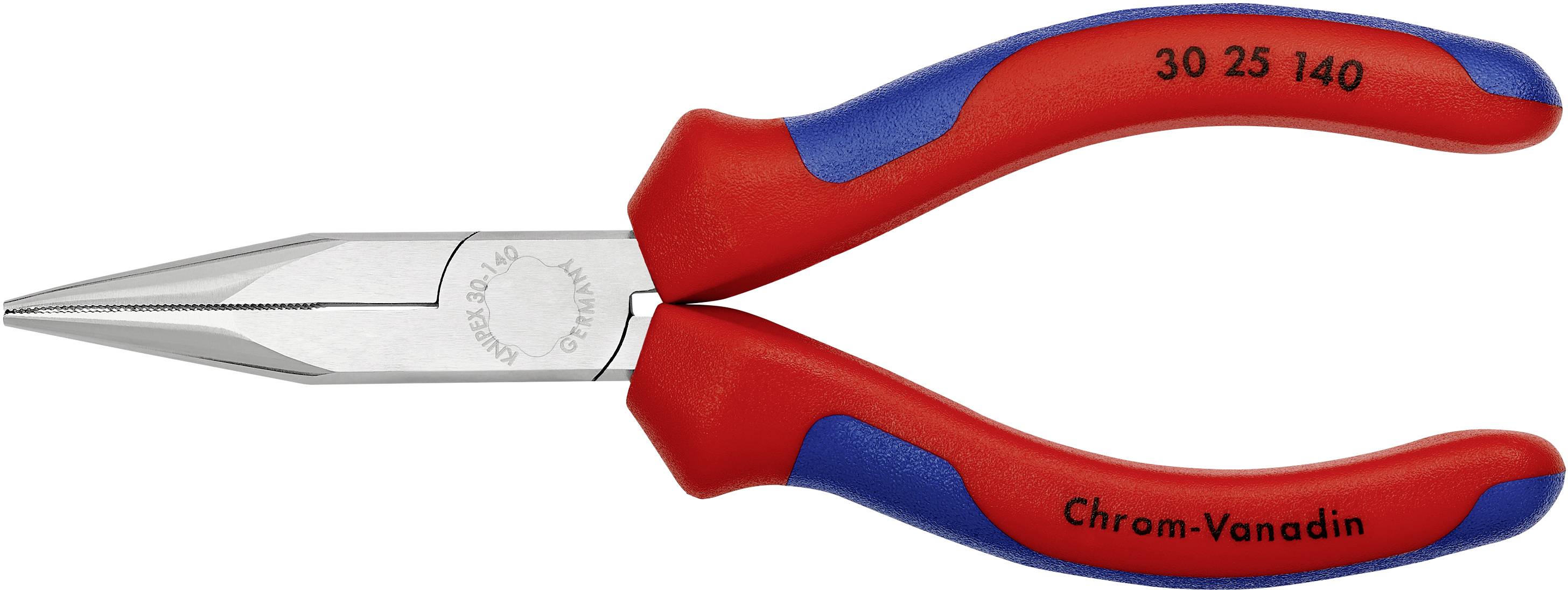 Rote und blaue Kombizange aus Chrom-Vanadium-Stahl, 140 mm lang, mit schmalen, geriffelten Backen für festen Halt beim Greifen.