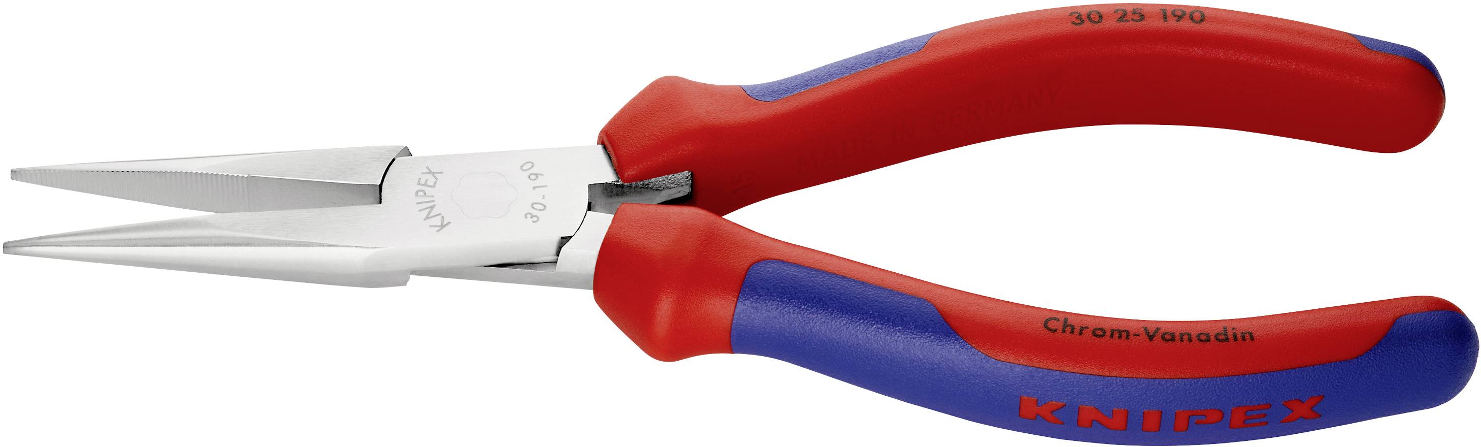 Rote und blaue Flachrundzange der Marke KNIPEX aus Chrom-Vanadium, verwendet zum Greifen und Halten von Werkstücken.