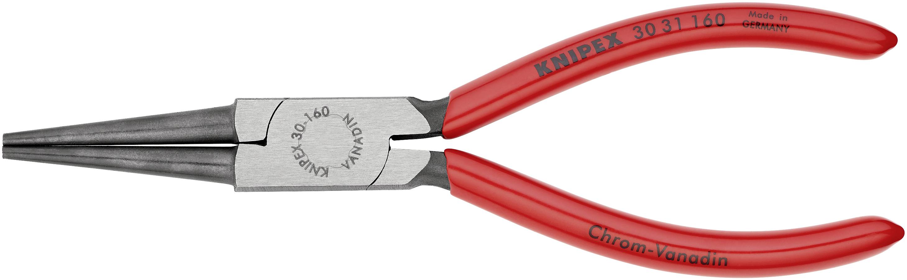 Rote Spitzzange mit Chrom-Vanadium-Stahl und isolierten Griffen. Markierungen 'Knipex' und 'Made in Germany' sind sichtbar.