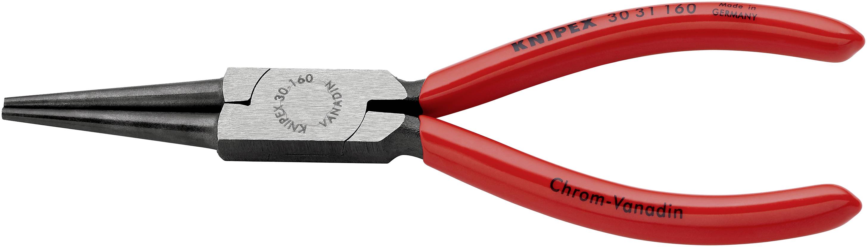 Eine rote Rundzange mit schwarzem Kopf, beschriftet mit 'Knipex' und 'Chrom-Vanadin', zum Greifen und Biegen von Draht geeignet.