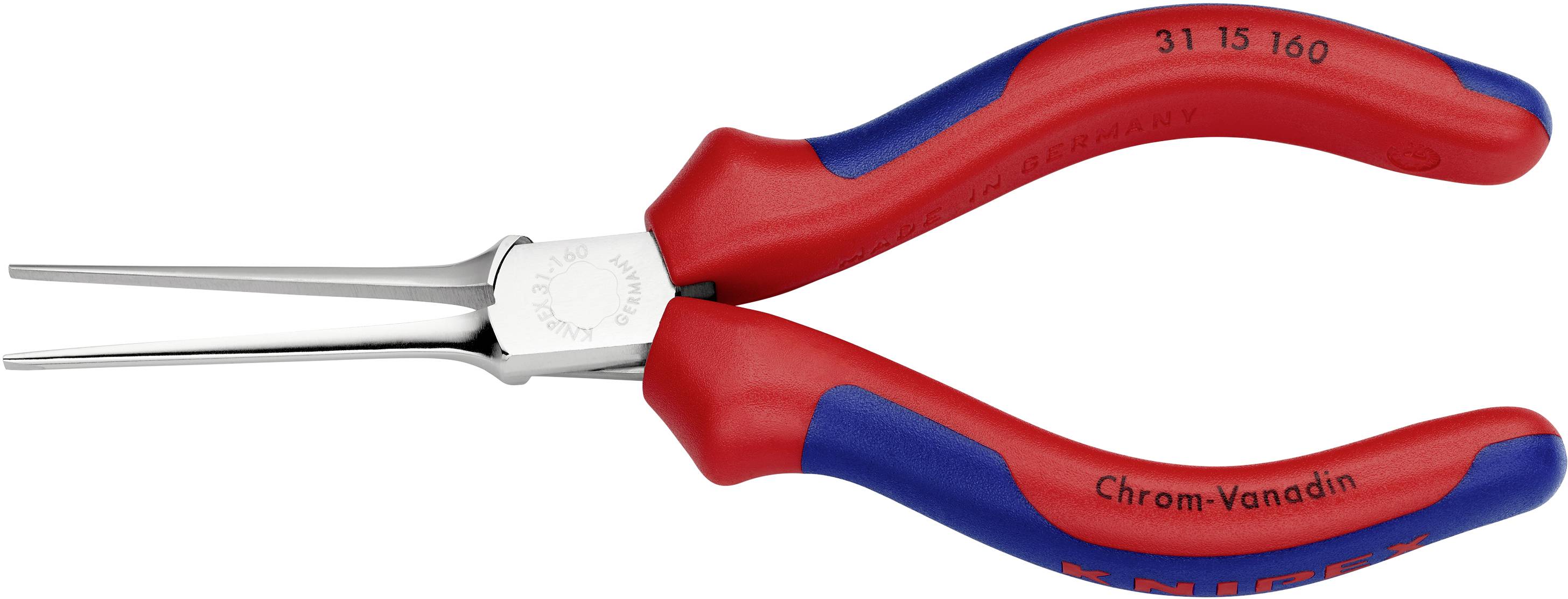 Rote und blaue Präzisionsspitzzange mit schlanken, geraden Backen aus Chrom-Vanadium-Stahl, geeignet für feine Handwerksarbeiten.