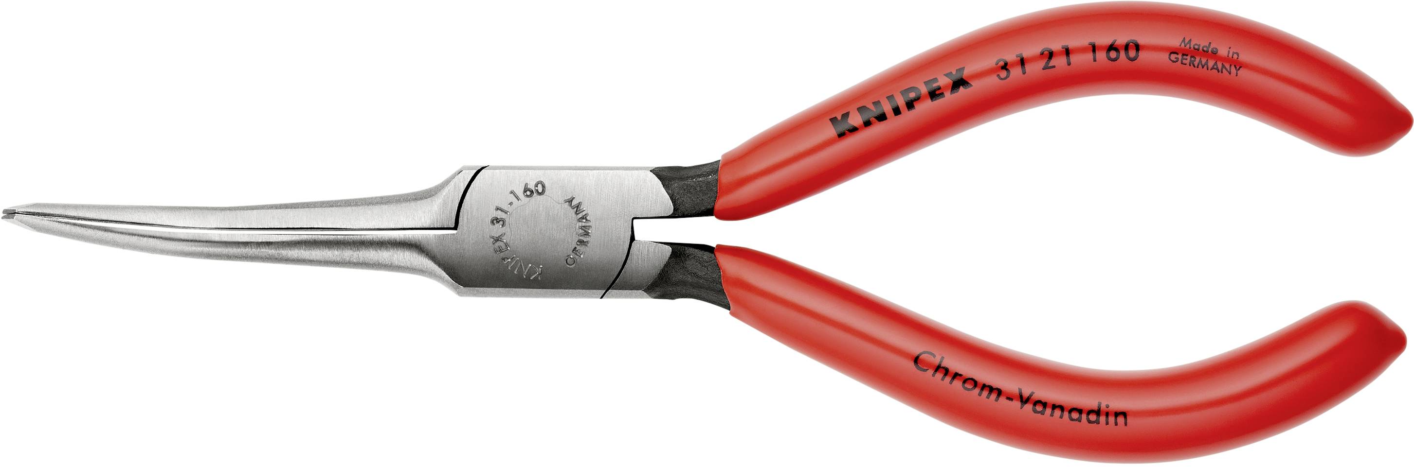 Rote Flachrundzange mit langen, leicht gebogenen Griffen. Aufschrift 'Knipex Chrom-Vanadin'. Verwendet für Präzisionsarbeiten.