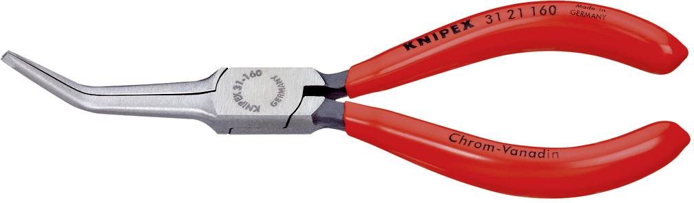 Eine rote Spitzzange mit gebogenen Spitzen, geeignet für präzise Griffe und Arbeiten in schwer zugänglichen Bereichen.