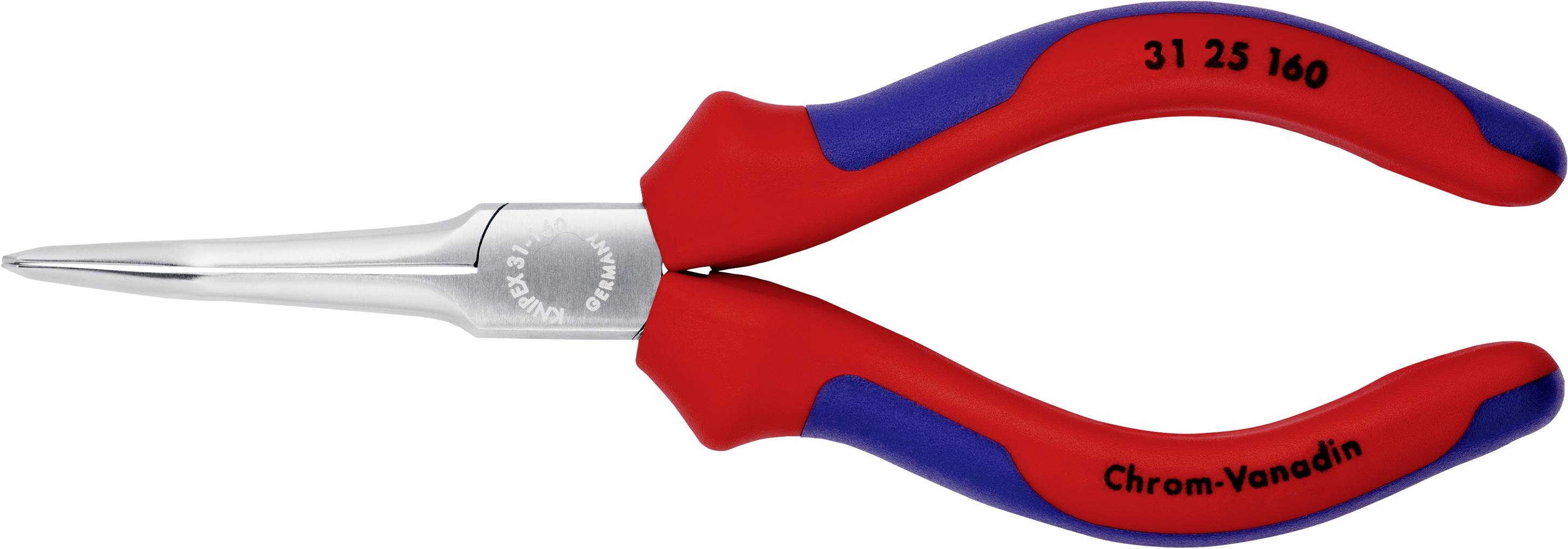 Eine rote und blaue Flachrundzange mit der Aufschrift 'Chrom-Vanadin'. Ideal für präzise Greif- und Schneidearbeiten in der Werkstatt.