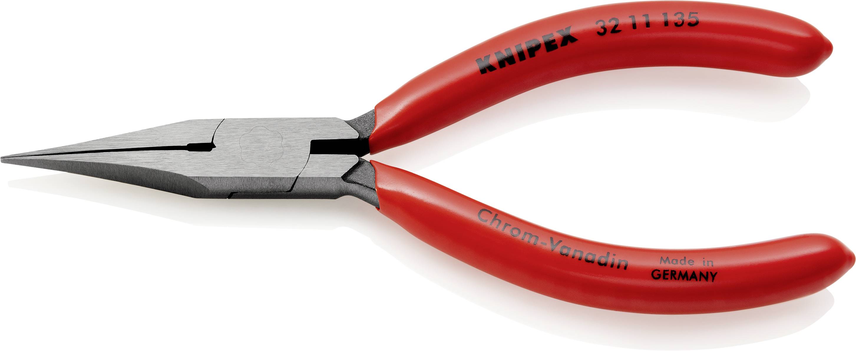 Rote Spitzzange mit Metallspitzen und Aufschrift 'Chrom-Vanadin', 'Made in Germany', 'KNIPEX'.