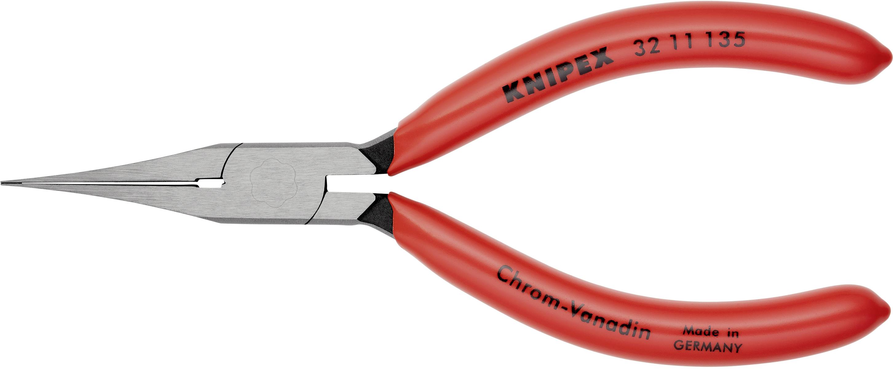 Rote Spitzzange mit Aufschrift 'Knipex' und 'Chrom-Vanadin', hergestellt in Deutschland.