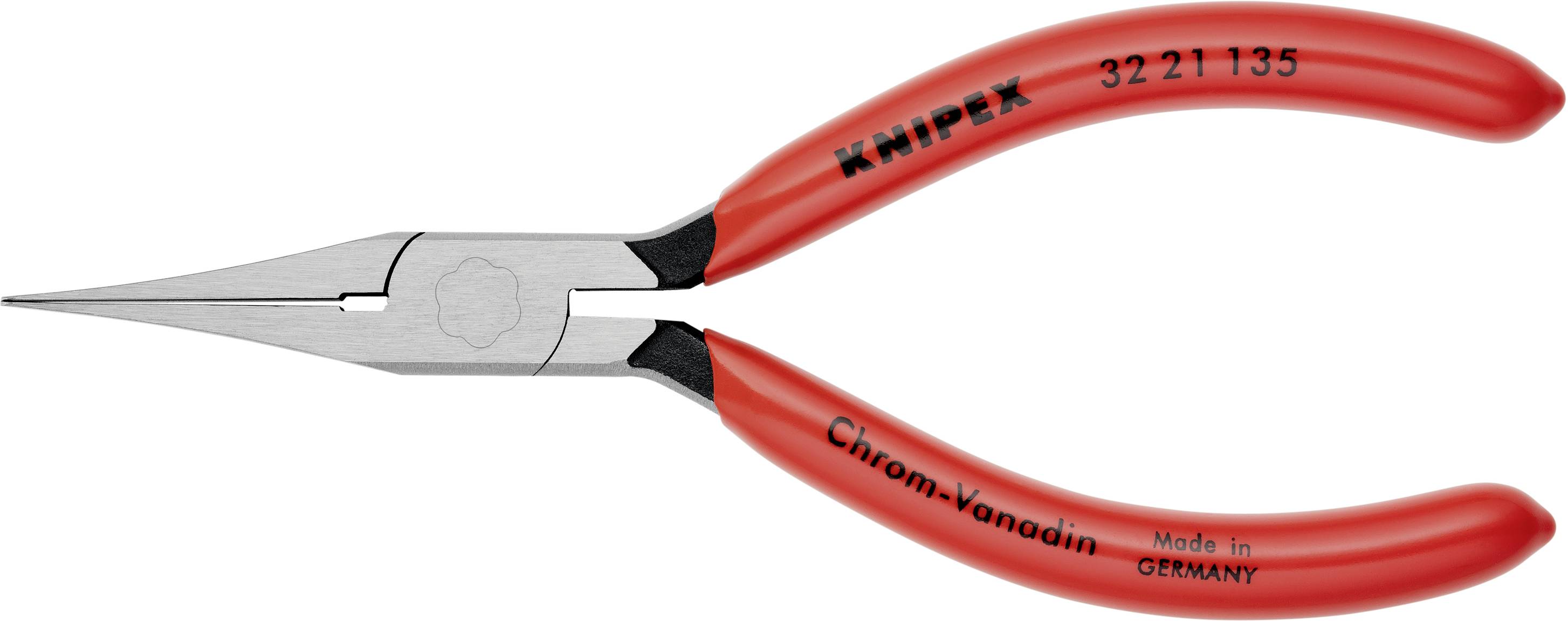 Rote Elektronikzange aus Chrom-Vanadium-Stahl mit schmalen Spitzen, hergestellt in Deutschland. Geeignet für präzise elektronische Arbeiten.