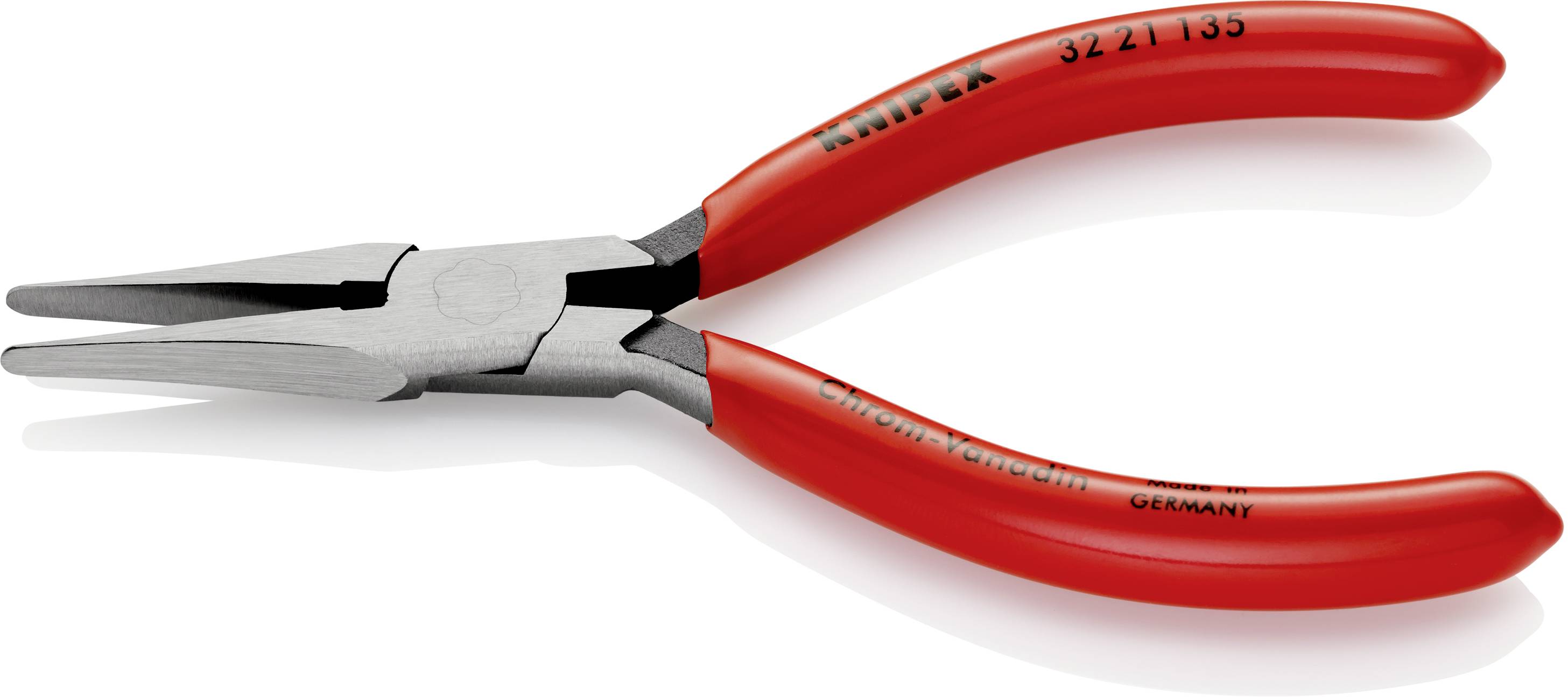 Rote Flachrundzange mit rutschfestem Griff, hergestellt von 'KNIPEX'. Geeignet für Arbeiten in der Feinmechanik oder im Elektronikbereich.