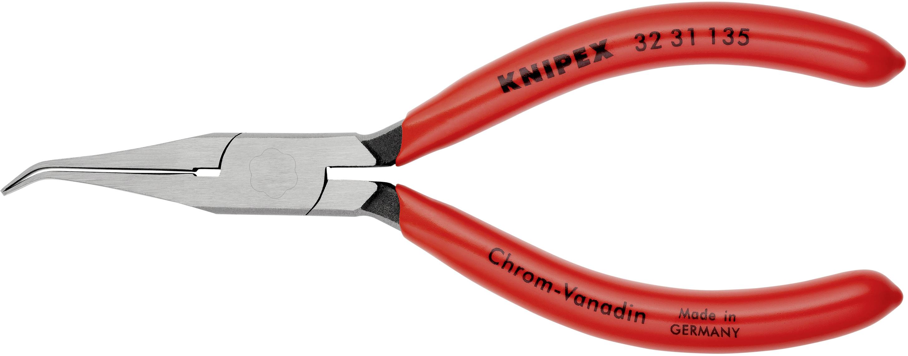 Rote gebogene Präzisions-Elektroniker-Sicherungszange von KNIPEX, Chrom-Vanadin-Stahl, handlich, ideal für feine Arbeiten in der Elektronik.