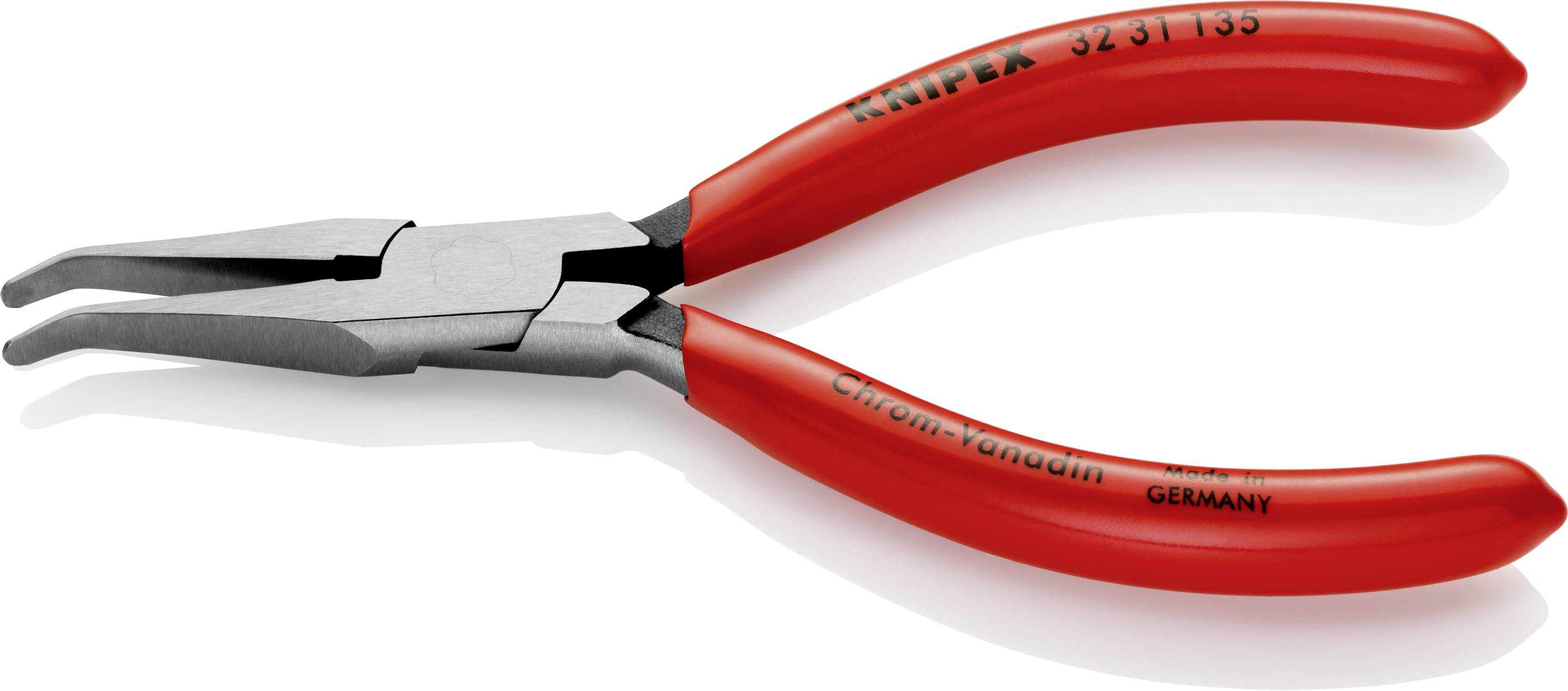 Rote Seegerringzange mit gebogenen Spitzen und Metallgriff. Mit Aufschrift 'Knipex' und 'Chrom-Vanadium, Made in Germany'.