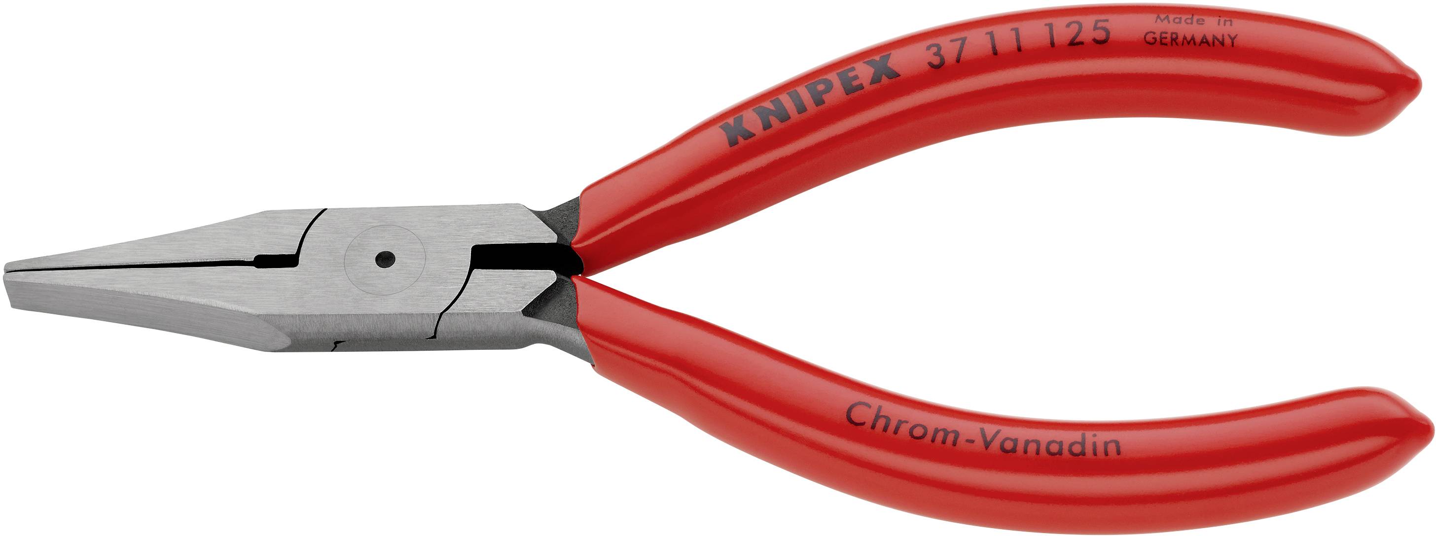 Rote Spitzzange mit der Aufschrift 'Knipex' auf den Griffen. Geeignet für präzise Arbeiten, hergestellt in Deutschland.