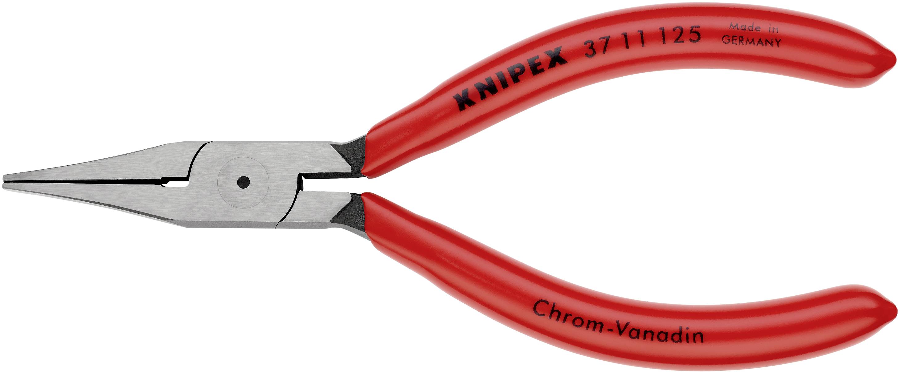 Rote Flachzange von Knipex, Chrom-Vanadium-Stahl, mit spitzen Backen. Designed für präzises Greifen und Schneiden kleiner Objekte.
