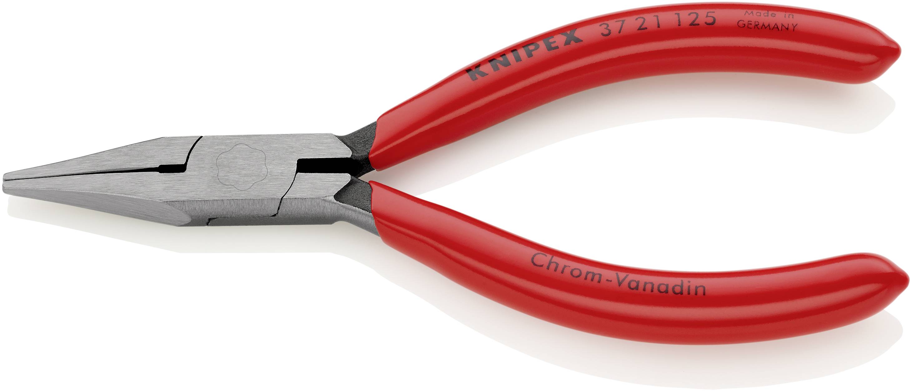 Rote Zange mit langem, schlankem Kopf und Knipex-Schriftzug auf den Griffen. Geeignet für präzises Greifen und Schneiden von Drähten.