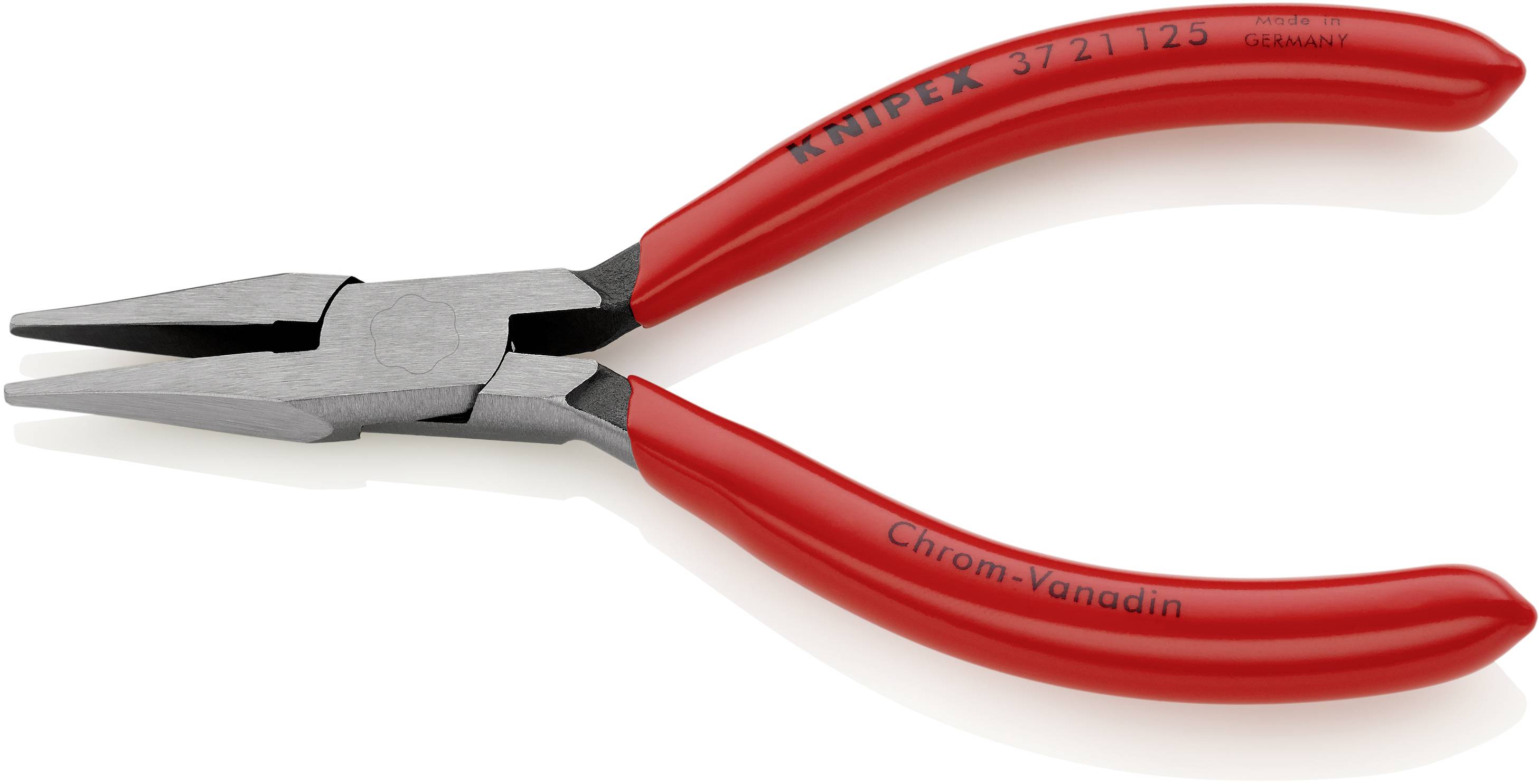 Rote Flachzange mit Aufschrift ‚KNIPEX 3/21 125 Germany Chrom-Vanadin‘ auf den Griffen, geeignet für präzise Handwerksarbeiten.