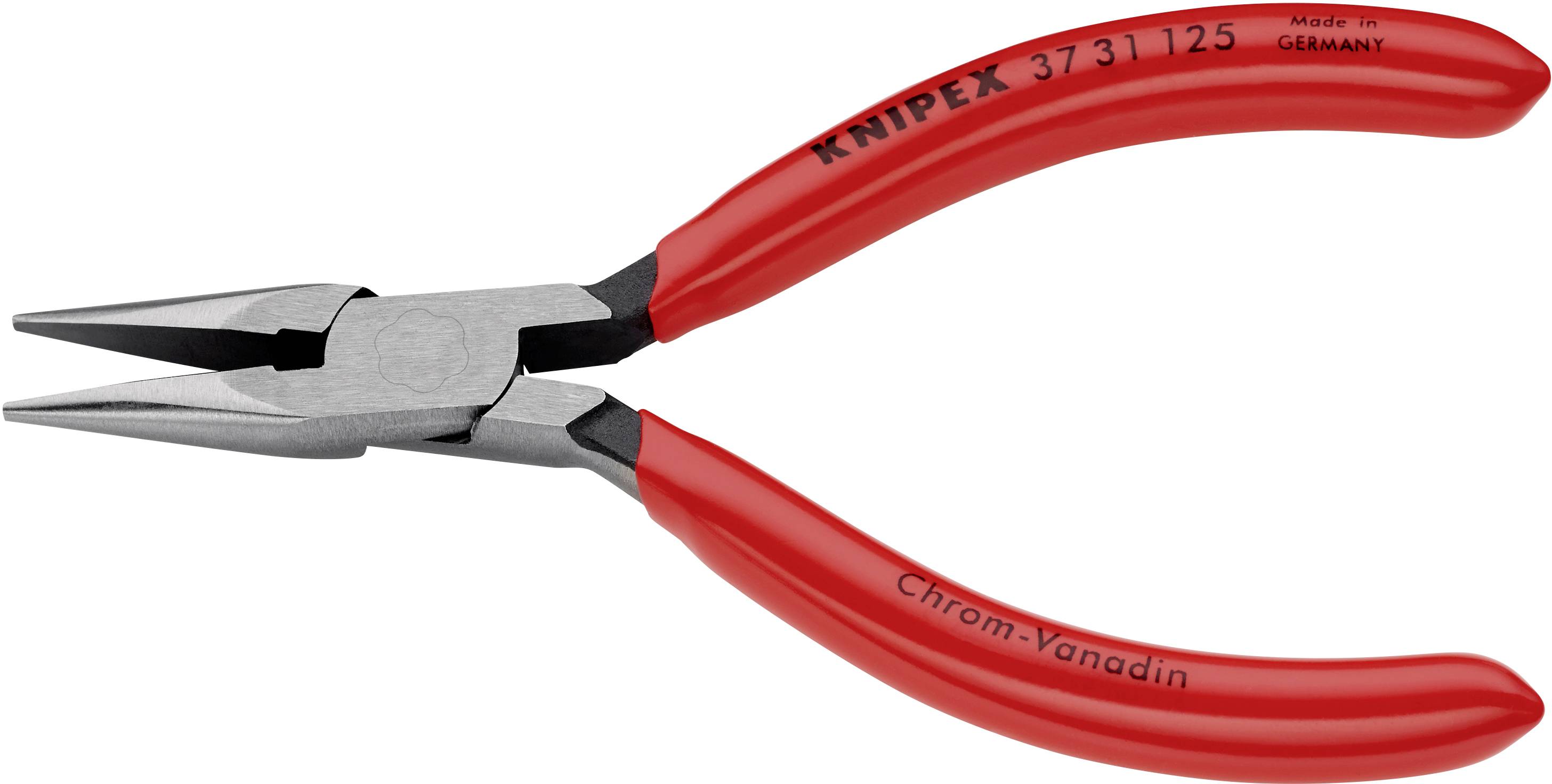 Eine rote Zange, Modell "Knipex 37 31 125", hergestellt aus Chrom-Vanadium-Stahl, mit der Aufschrift 'Made in Germany'.