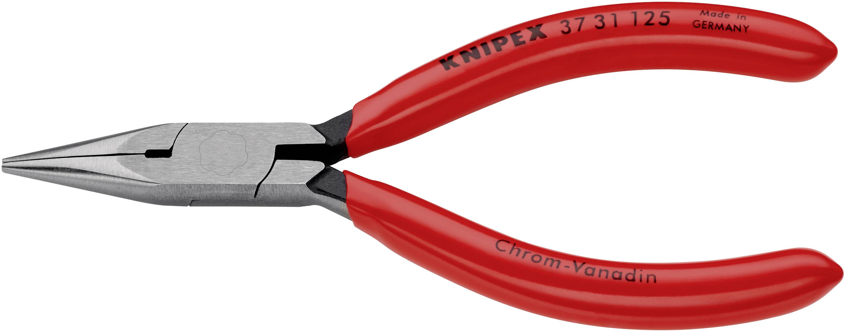 Eine rote Zange mit der Aufschrift 'KNIPEX 3711 125' und 'Chrom-Vanadin', geeignet für präzise Arbeiten.