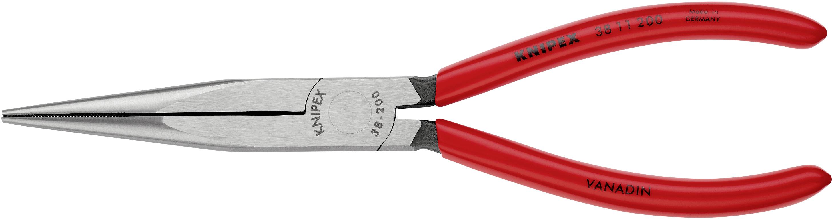 Rote Flachrundzange von Knipex, Modellnummer 49-200, mit langen, schlanken Backen für präzises Greifen und Schneiden.