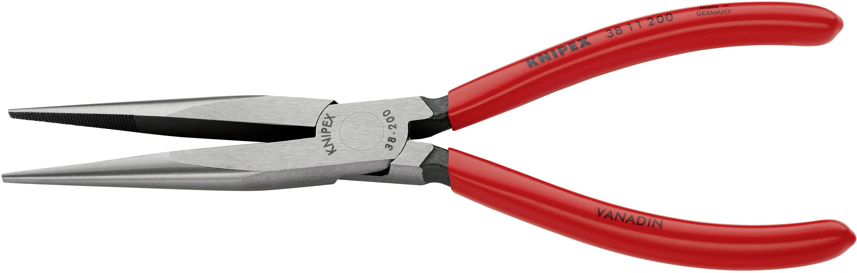 Rote KNIPEX Flachzange mit langen, spitzen Backen, geeignet für Präzisionsarbeiten in der Elektronik oder feinmechanische Arbeiten.
