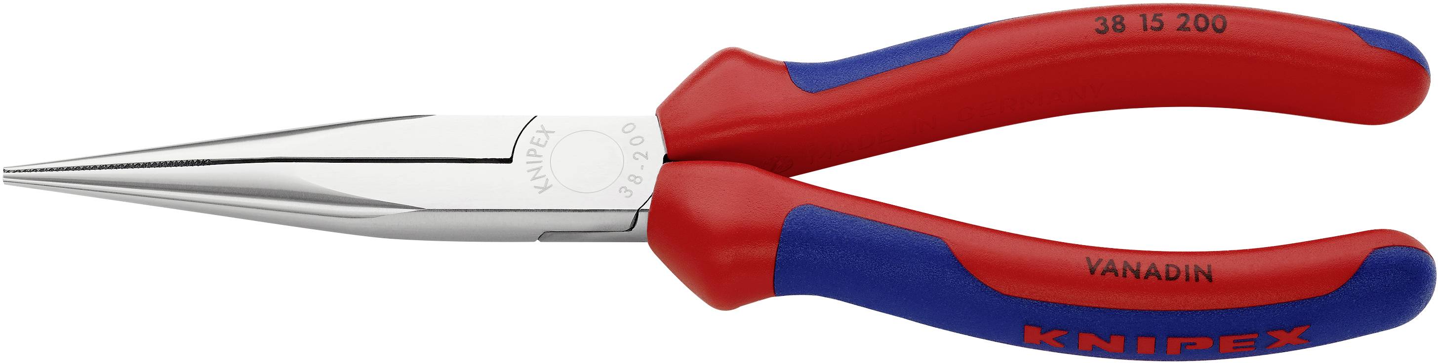 Flachrundzange mit rotem und blauem Griff aus Vanadiumstahl, Markenname 'KNIPEX' auf Griff, geeignet für feine Greifarbeiten.