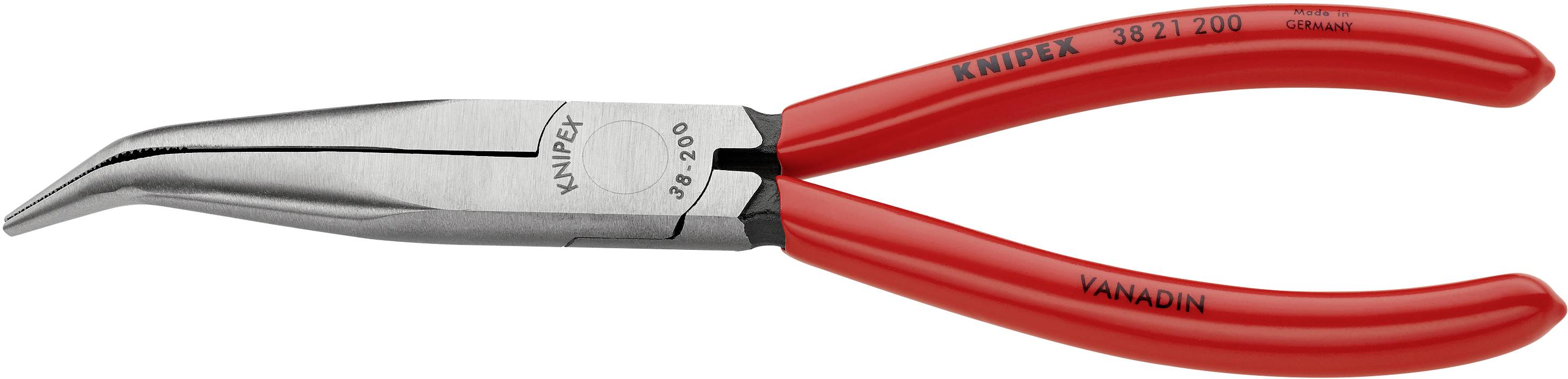Rote Flachrundzange mit gebogenen Spitzen, geeignet zum Greifen, Halten und Schneiden von Drähten und anderen Materialien.