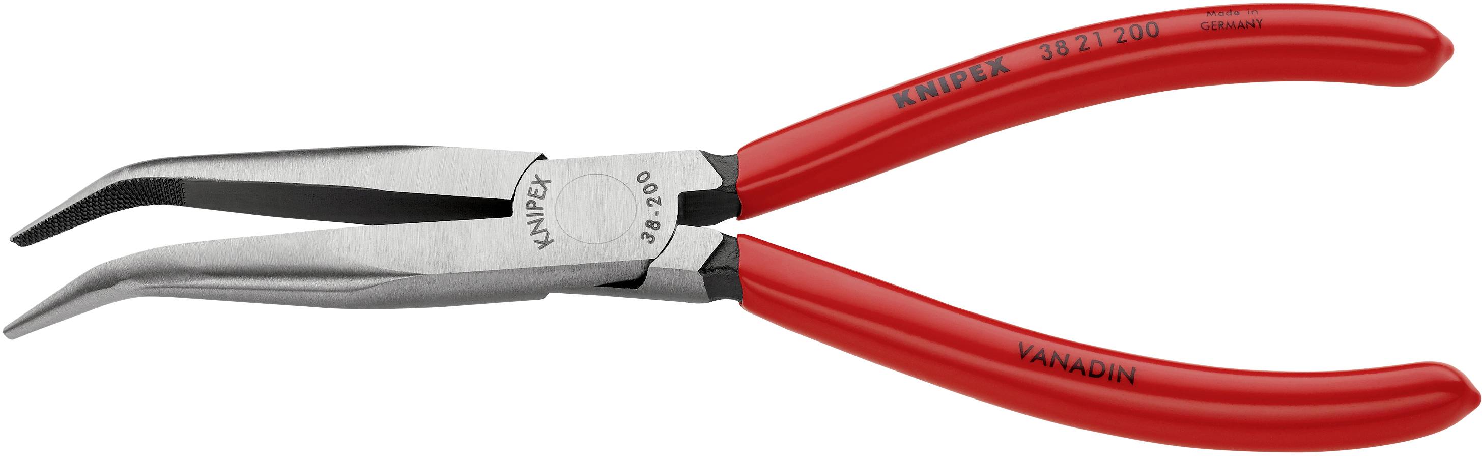 Rote Knipex-Zangen mit gebogenen Spitzen, verwendet zum Greifen kleiner Gegenstände oder Arbeiten an schwer zugänglichen Stellen.