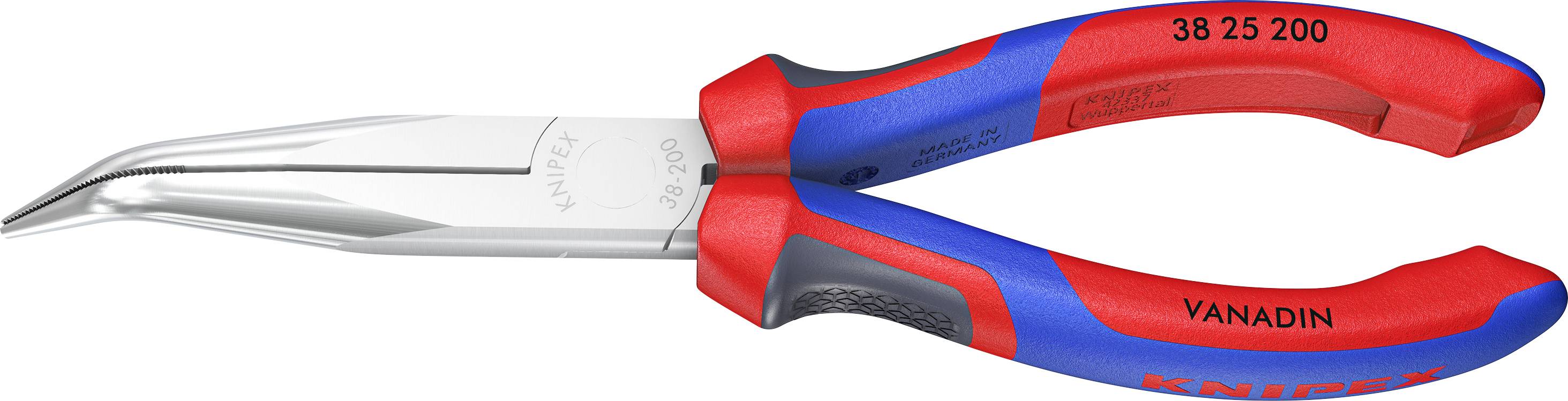 Rot und blau lange Spitzzangen mit der Aufschrift 'VANADIN', mit gezähnten Greifbacken und einer Schneidkante in der Nähe der Spitze.